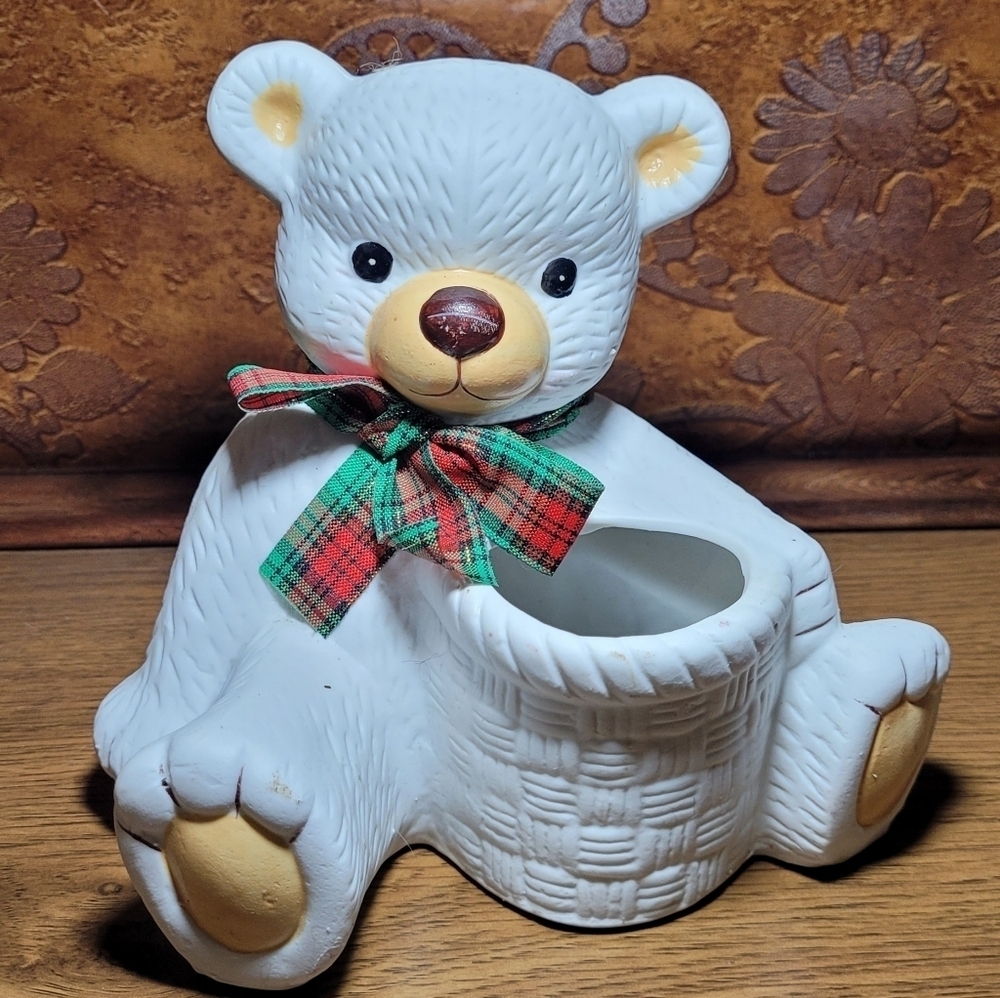 White Teddy Bear Ceramic Planter With Green & Red‎ Bow ~Houston Foods